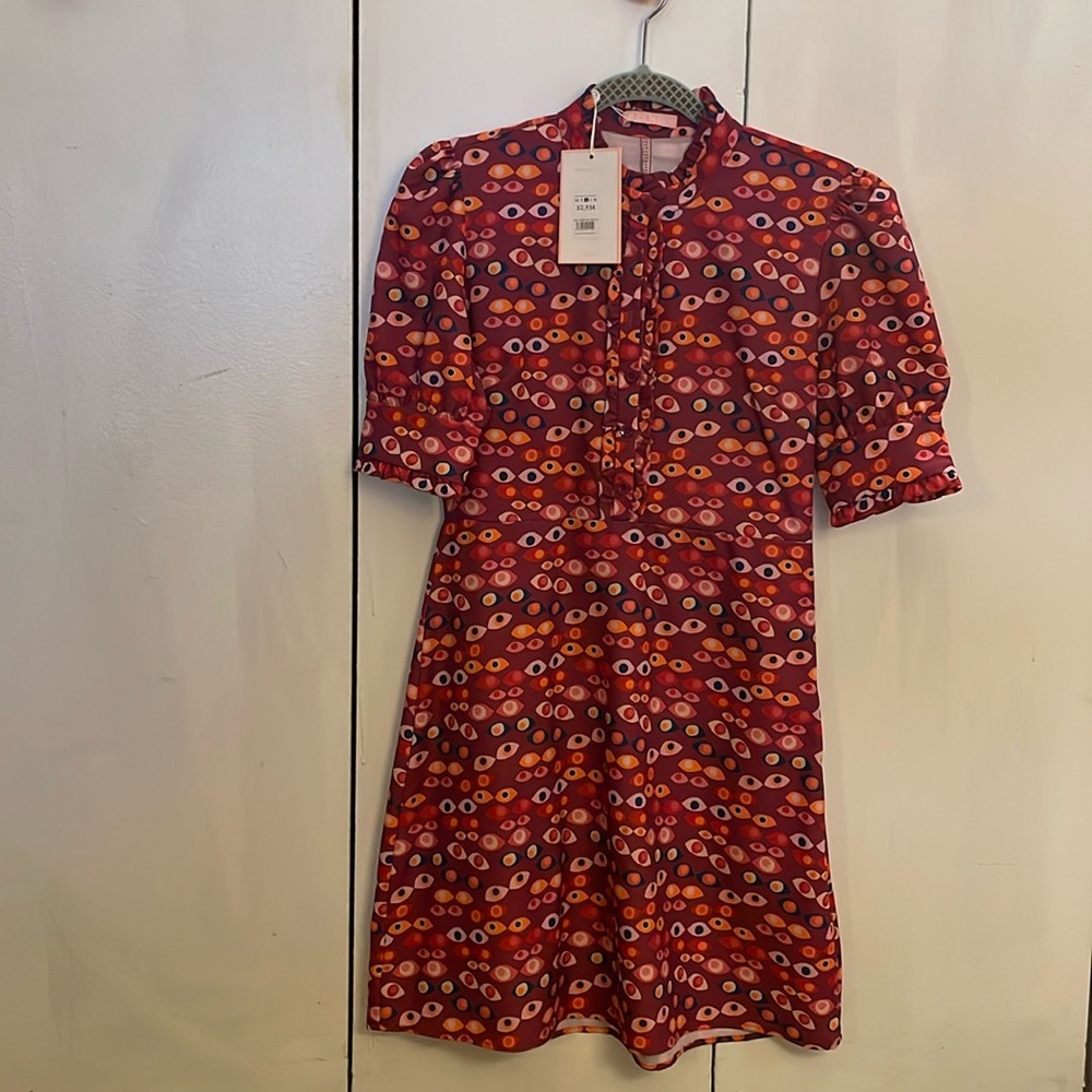 NWT KLING Retro Print Ruffle Mini Dress | Modern Romantic | M